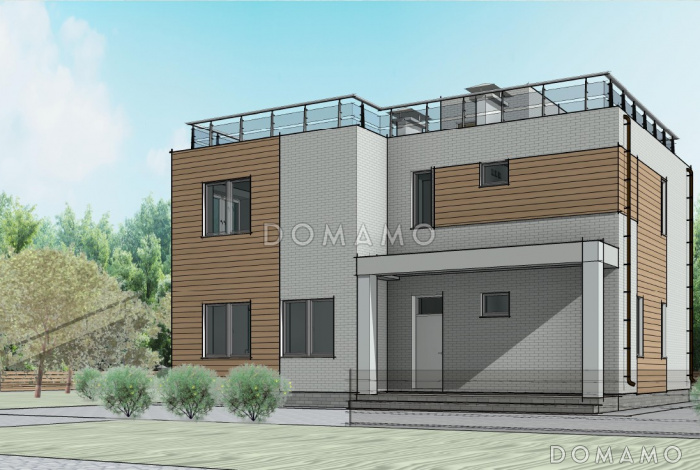 Проект загородного дома с просторной кухней-гостиной, кабинетом и сауной на втором этаже Проект загородного дома с просторной кухней-гостиной, кабинетом и сауной на втором этаже