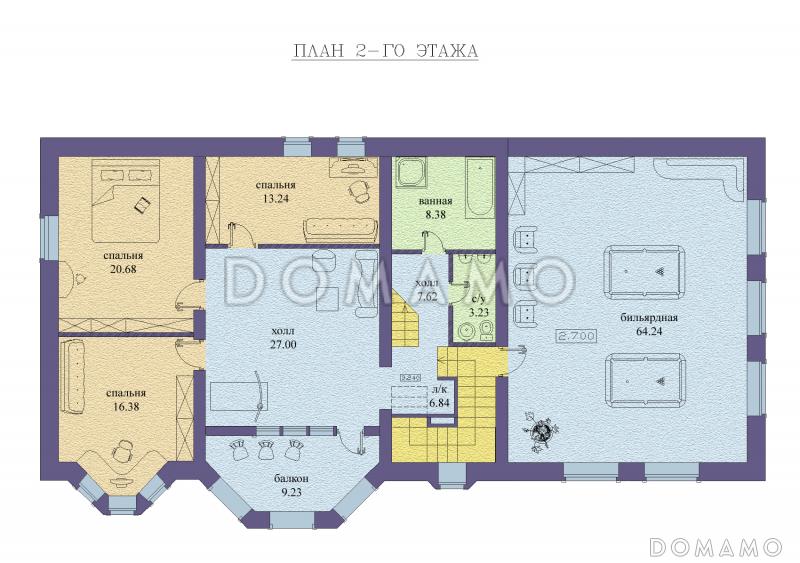 Проект двухэтажного дома с бассейном на цокольном этаже, гаражом и двумя эркерами / План 2 этажа