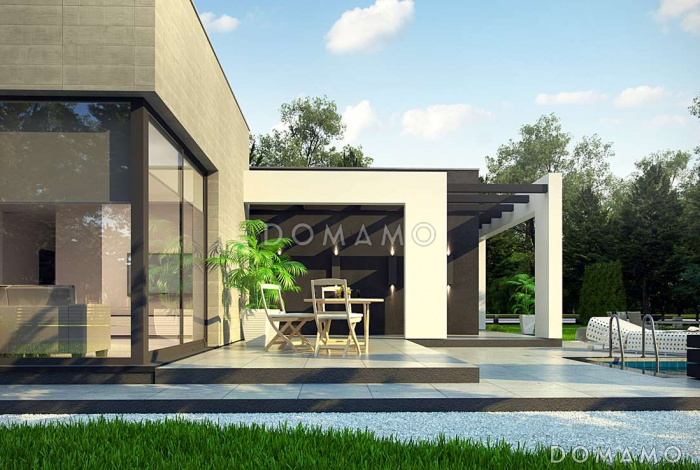 Проект просторного современного одноэтажного дома из кирпича с плоской крышей с четырьмя спальнями, террасой и крытым навесом для двух автомобилей Проект просторного современного одноэтажного дома из кирпича с плоской крышей с четырьмя спальнями, террасой и крытым навесом для двух автомобилей