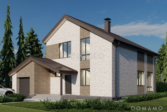 Проект двухэтажного каркасного дома с гаражом на два машиноместа, тремя спальнями и кабинетом на втором этаже Проект двухэтажного каркасного дома с гаражом на два машиноместа, тремя спальнями и кабинетом на втором этаже