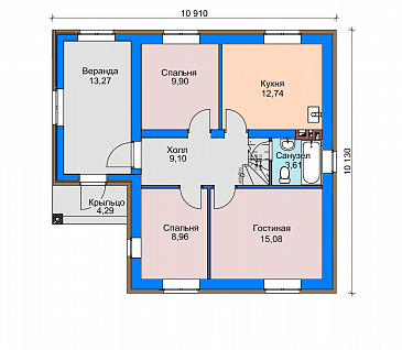 Проект дома из газобетона с верандой, санузлом с окном, отделкой фасадов кирпичом / План 1 этажа Проект дома из газобетона с верандой, санузлом с окном, отделкой фасадов кирпичом / План 1 этажа
