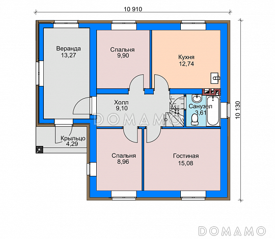 Проект дома из газобетона с верандой, санузлом с окном, отделкой фасадов кирпичом / План 1 этажа Проект дома из газобетона с верандой, санузлом с окном, отделкой фасадов кирпичом / План 1 этажа