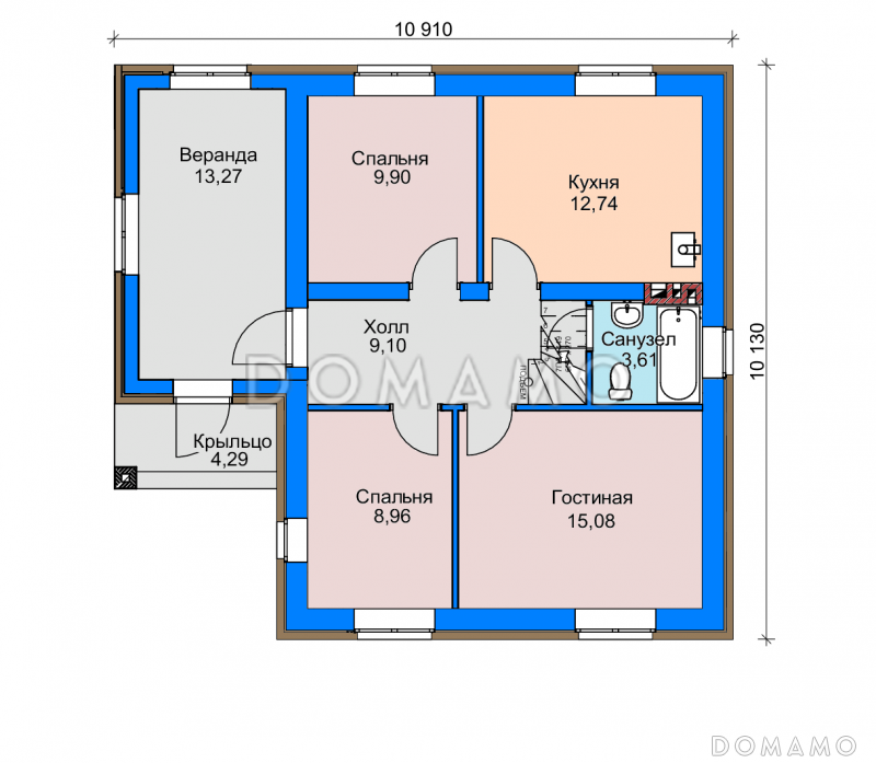 Проект дома из газобетона с верандой, санузлом с окном, отделкой фасадов кирпичом / План 1 этажа