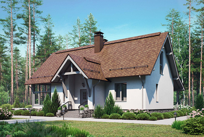 Проект дома с одной спальней, панорамным остеклением, зимним садом и чердаком