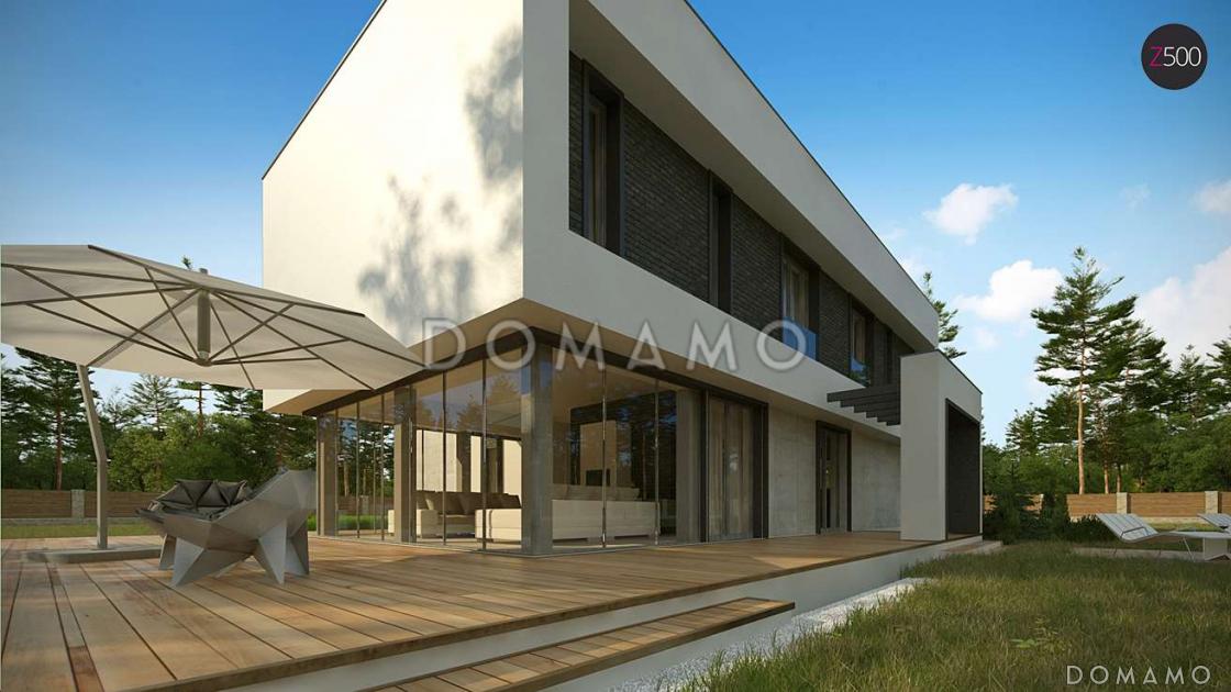Проект современного двухэтажного дома из газобетона с плоской крышей с гаражом для двух автомобилей и террасами на обоих уровнях / 4
