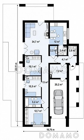 Проект уютного современного одноэтажного дома из кирпича с плоской крышей, с тремя спальнями и гаражом / План 1 этажа