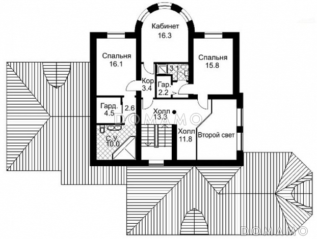 Проект двухэтажного дома из кирпича с полукруглым эркером / План 2 этажа Проект двухэтажного дома из кирпича с полукруглым эркером / План 2 этажа