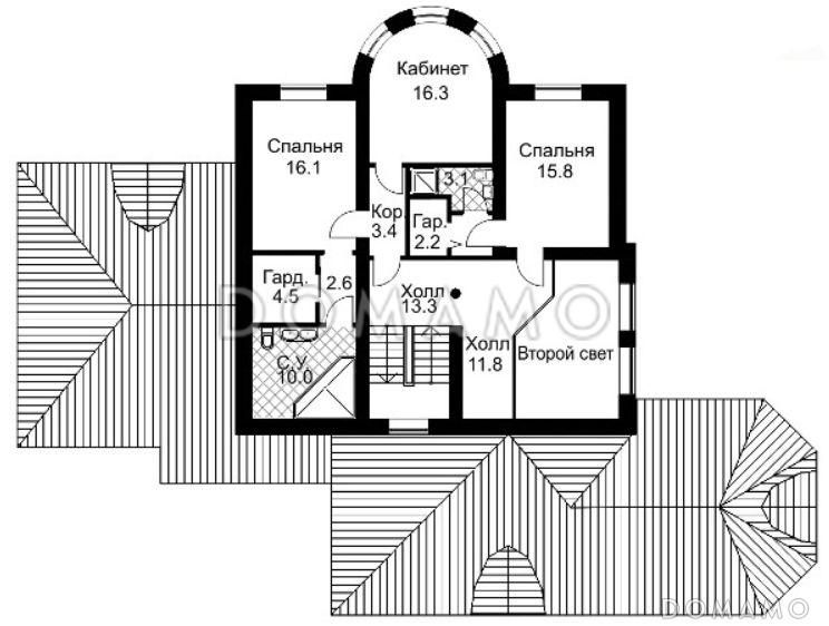Проект двухэтажного дома из кирпича с полукруглым эркером / План 2 этажа