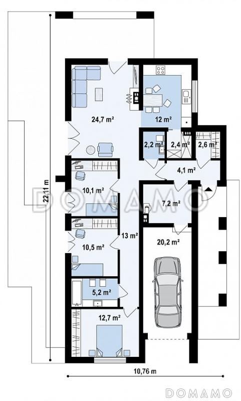 Проект уютного современного одноэтажного дома из кирпича с плоской крышей, с тремя спальнями и гаражом / План 1 этажа