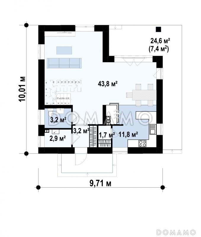 Проект загородного дома с камином, просторной гостиной, балконом, большой ванной с окном на мансарде / План 1 этажа