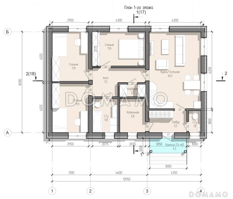 Проект компактного дома с тремя спальнями и проходной кухней-гостиной / План 1 этажа