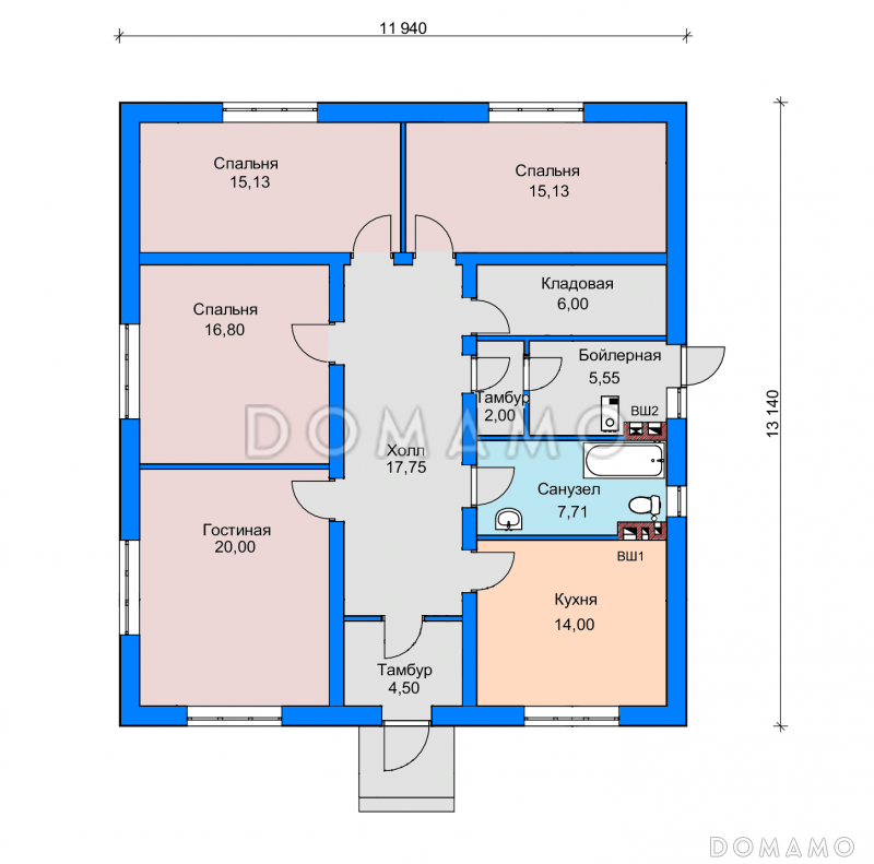 Проект одноэтажного дома с изолированной кухней, кладовой, санузлом с окном / План 1 этажа