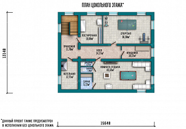 Проект дома с сауной в цокольном этаже, навесом для машины и гостиной на мансарде / План подвала Проект дома с сауной в цокольном этаже, навесом для машины и гостиной на мансарде / План подвала