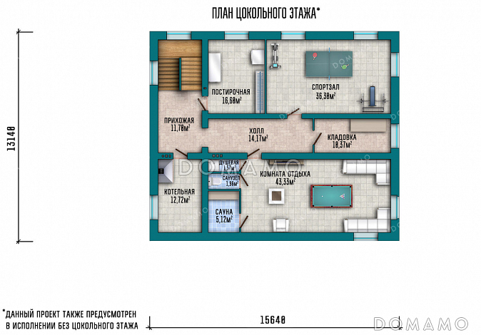 Проект дома с сауной в цокольном этаже, навесом для машины и гостиной на мансарде / План подвала Проект дома с сауной в цокольном этаже, навесом для машины и гостиной на мансарде / План подвала