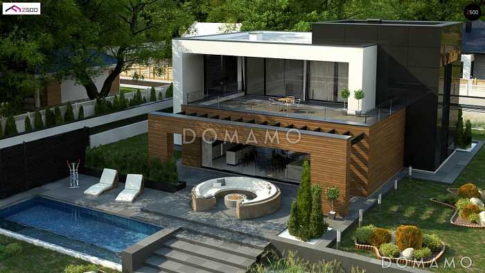 Проект просторного современного двухэтажного дома из кирпича с плоской крышей,  с пятью комнатами, гаражом и террасой на втором этаже