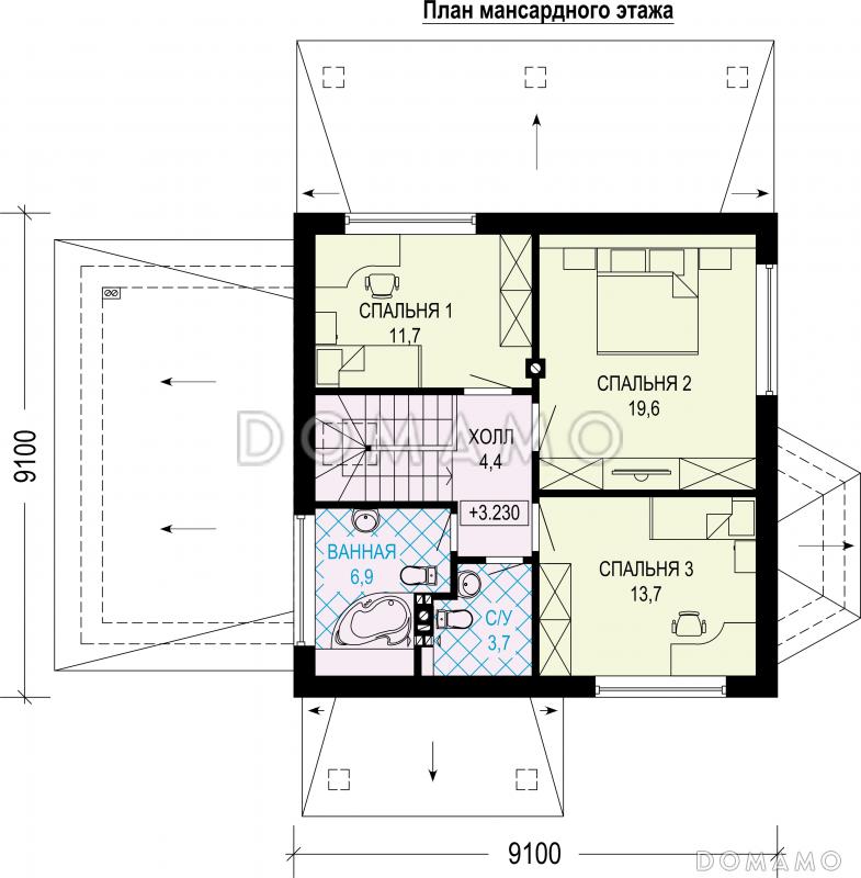 Проект одноэтажного газобетонного дома с мансардой, гаражом и террасой / План мансардного этажа