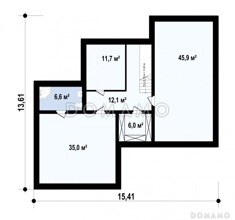 Проект двухэтажного загородного дома с подвалом, гаражом на 2 машины, кабинетом, мастер-спальней  с балконом / План цокольного этажа