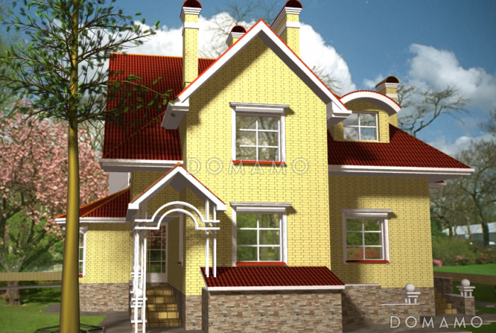 Проект дома с цокольным и мансардным этажами, с двумя эркерами - башнями Проект дома с цокольным и мансардным этажами, с двумя эркерами - башнями