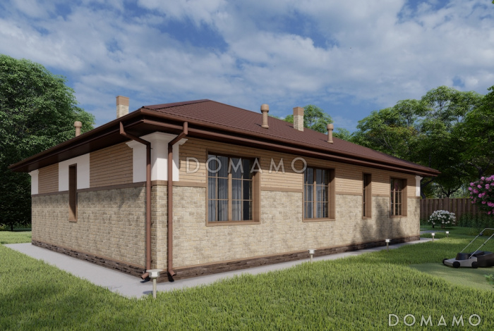 Проект одноэтажного дома с тремя спальнями, объединенной гостиной-кухней, небольшой террасой и хозяйственным помещением Проект одноэтажного дома с тремя спальнями, объединенной гостиной-кухней, небольшой террасой и хозяйственным помещением