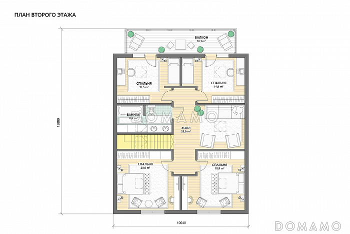 Проект двухэтажного дома из газобетона с 5 спальнями, сауной и большим балконом / План 2 этажа