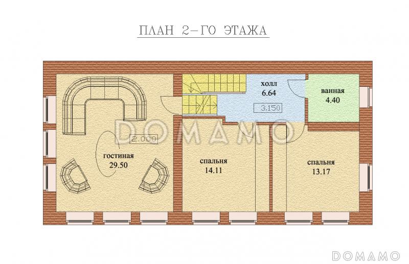 Проект двухэтажного дома с цокольным и мансардным этажами, с сауной и гаражом / План 2 этажа
