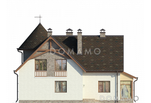 Проект дома с застекленным холлом, полукруглым крыльцом, сауной и четырьмя спальнями на мансарде / Фасад 3