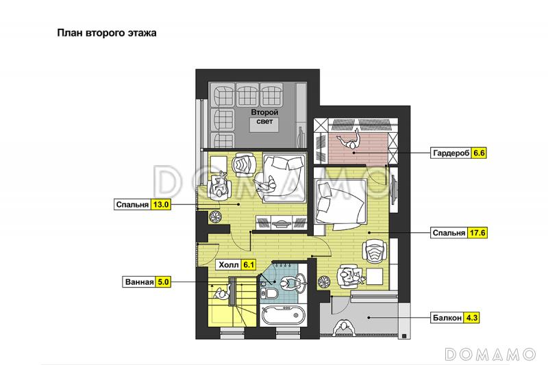 Загородный дом из СИП панелей с односкатной крышей, круглым окном, крытой террасой и вторым светом / План мансардного этажа