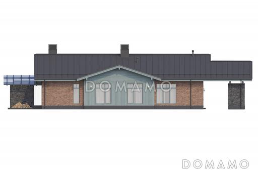 Проект современного дома с террасой и верандой, 3 спальнями, хамамом и навесом для автомобилей / Фасад 1