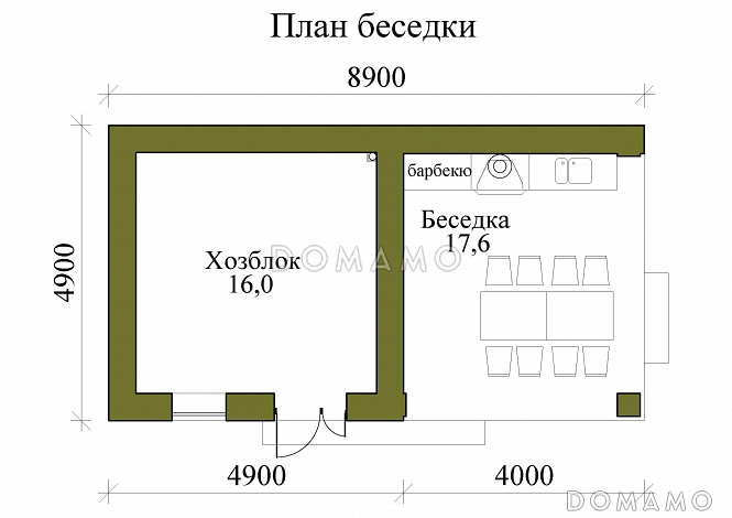 Проект кирпичной беседки с хозблоком и барбекю / План 1 этажа