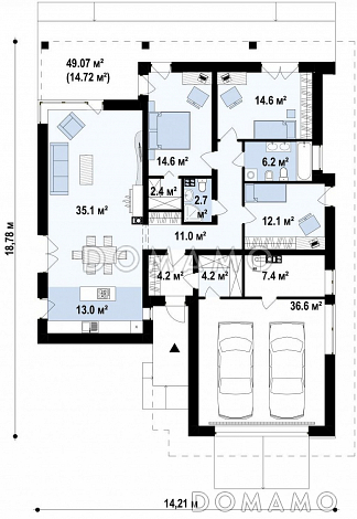 Проект просторного одноэтажного дома из газобетона с тремя спальнями и двухместным гаражом / План 1 этажа