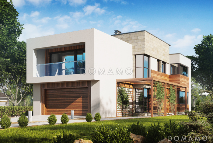 Проект современного загородного дома с гаражом на 2 автомобиля, террасой, большой кухней, кабинетом Проект современного загородного дома с гаражом на 2 автомобиля, террасой, большой кухней, кабинетом