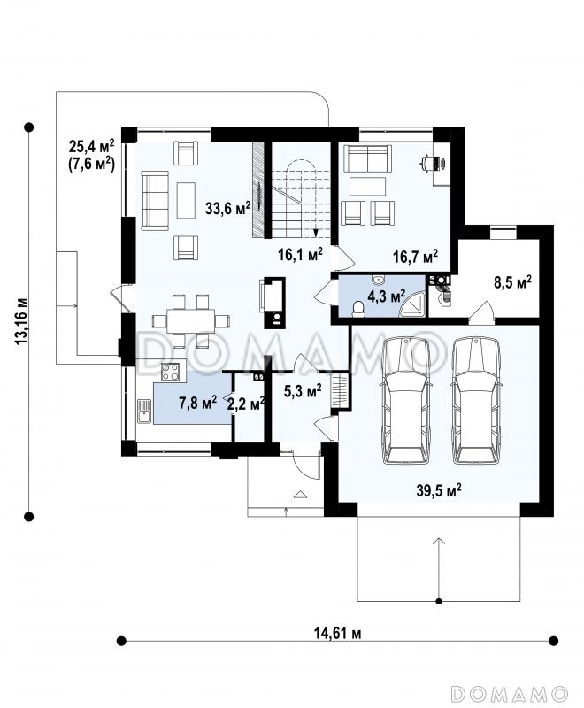 Проект двухэтажного дома с кладовой в кухне, гаражом, мастер-спальней на мансарде с террасой / План 1 этажа