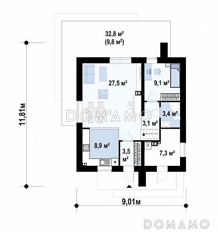 Проект двухэтажного дома с террасой, балконами, ванной с окном / План 1 этажа