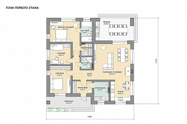 Проект каркасного дома с 3 спальнями, гостиной-столовой и террасой барбекю / План 1 этажа Проект каркасного дома с 3 спальнями, гостиной-столовой и террасой барбекю / План 1 этажа