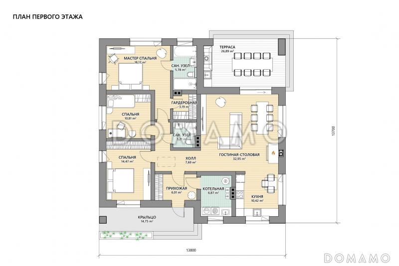 Проект каркасного дома с 3 спальнями, гостиной-столовой и террасой барбекю / План 1 этажа