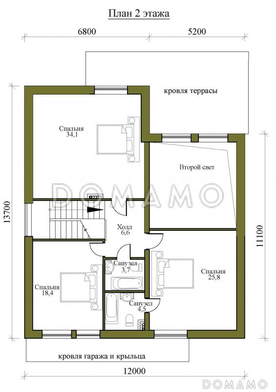 Проект одноэтажного дома в стиле Барнхаус с мансардой, четырьмя спальнями и вторым светом / План мансардного этажа