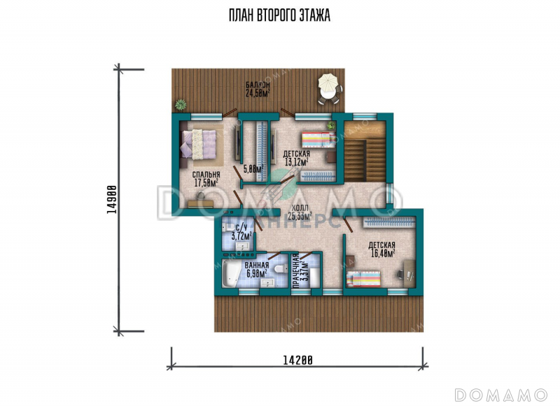 Проект двухэтажного дома с большой террасой и плоской крышей / План 2 этажа