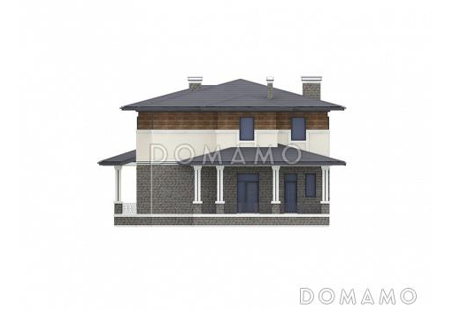 Проект двухэтажного дома в стиле Райта с кухней-столовой, застекленной террасой, постирочной на втором этаже / Фасад 3