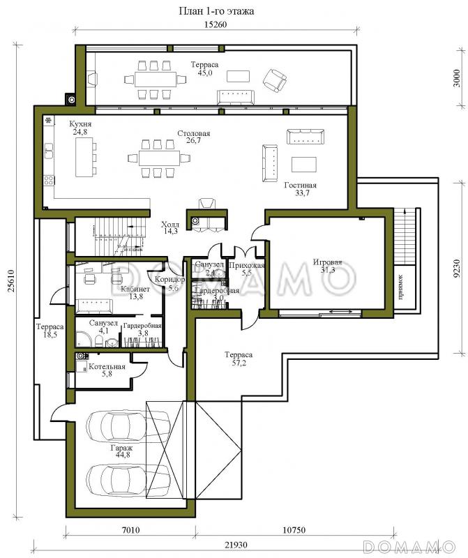 Проект крупномасштабного двухэтажного дома в стиле хай-тек с подвалом и бассейном / План 1 этажа