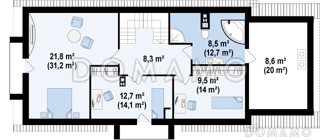 Проект мансардного дома из кирпича с гаражом, прямоугольным эркером и двумя балконами / План мансардного этажа