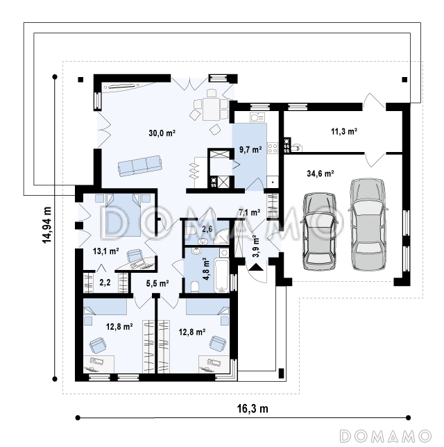 Проект одноэтажного дома из кирпича с дневной зоной в тыльной части дома и выходом на большую террасу и гаражом на два автомобиля / План 1 этажа
