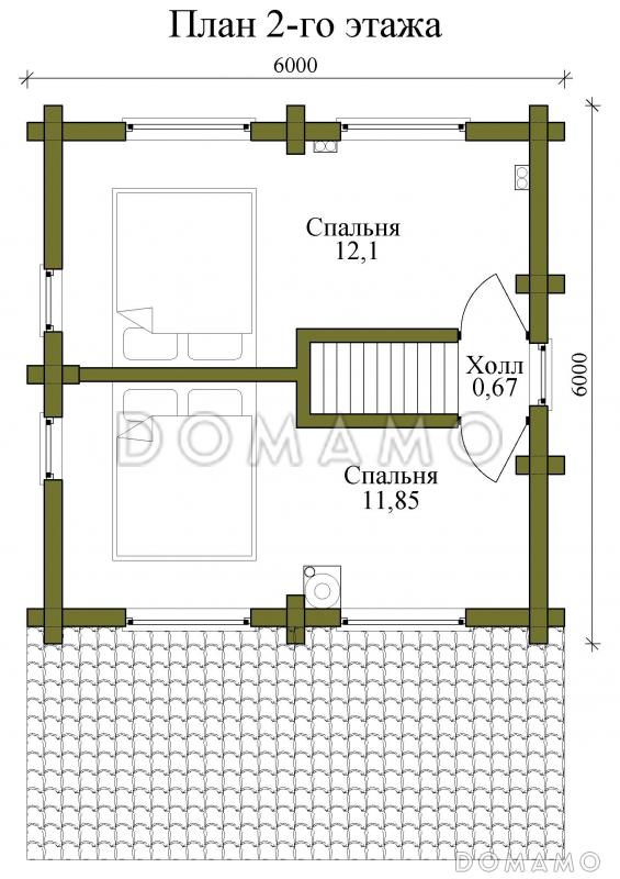Проект двухэтажного дома из бревна с двумя спальнями, камином и верандой / План 2 этажа