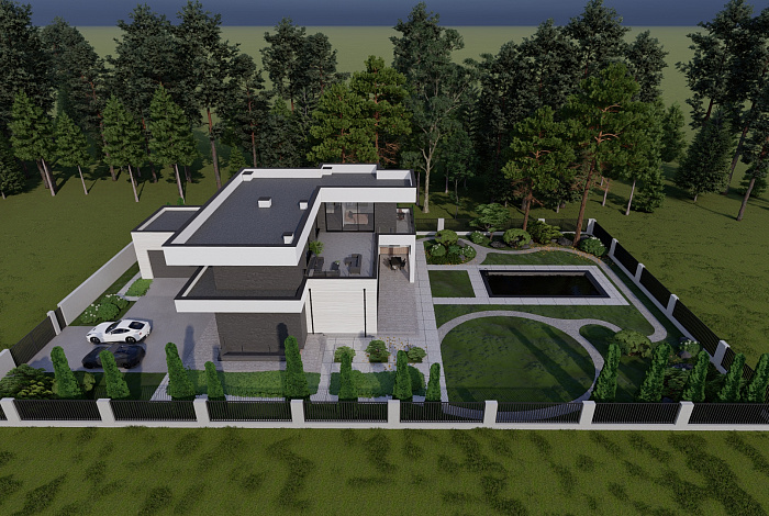 Проект крупномасштабного двухэтажного дома в стиле хай-тек с подвалом и бассейном