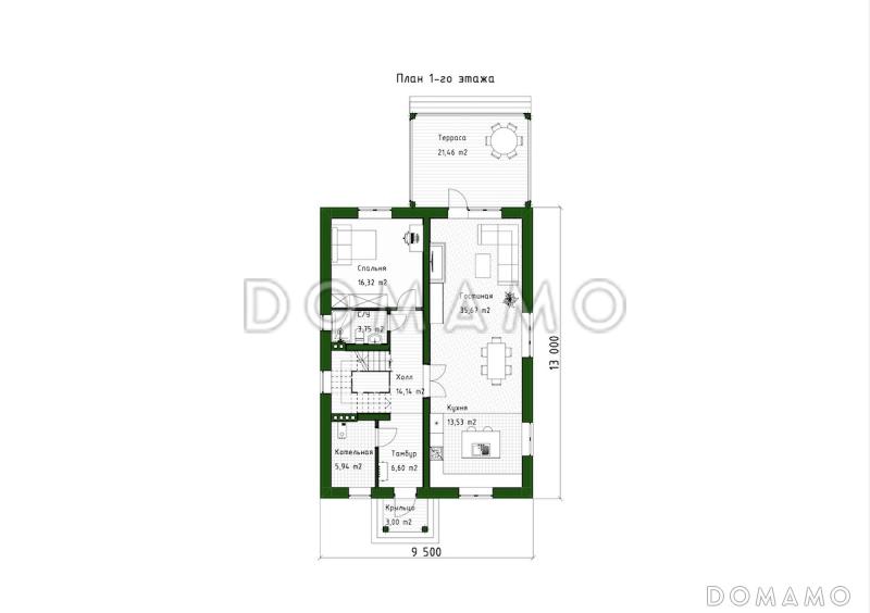 Проект двухэтажного дома с мансардой, мастер-спальней и остекленной террасой / План 1 этажа