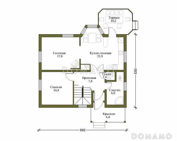 Проект небольшого дома с террасой и балконом / План 1 этажа