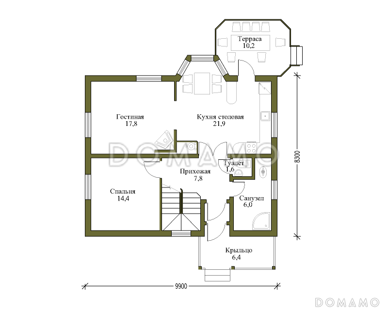 Проект небольшого дома с террасой и балконом / План 1 этажа