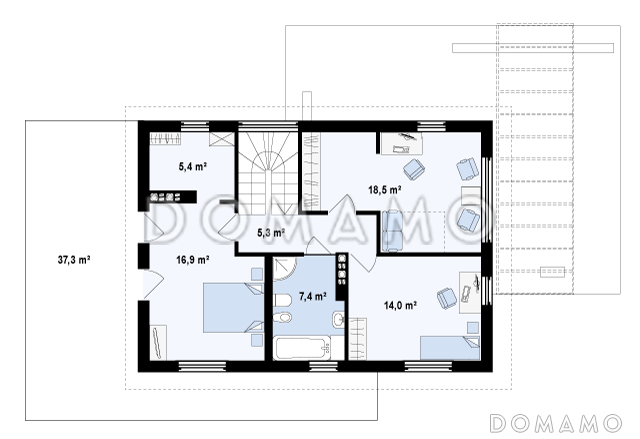 Проект двухэтажного дома из кирпича с гаражом и большой террасой на втором этаже / План 2 этажа