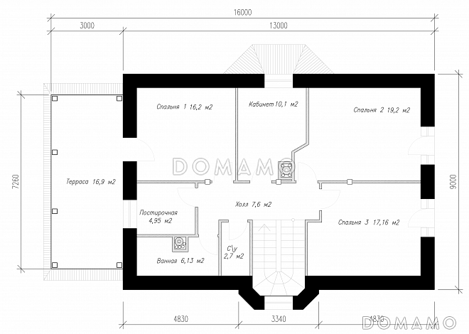 Проект  коттеджа с подвалом и террасой / План мансардного этажа Проект  коттеджа с подвалом и террасой / План мансардного этажа