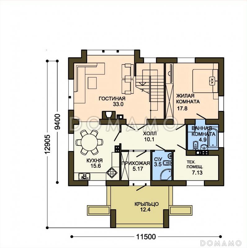 Проект белого коттеджа с панорамным окном гостиной / План 1 этажа