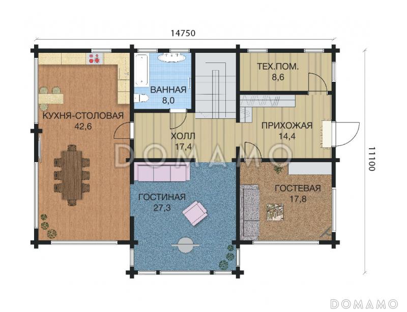 Проект трехэтажного деревянного дома из клееного бруса с бильярдной / План 1 этажа